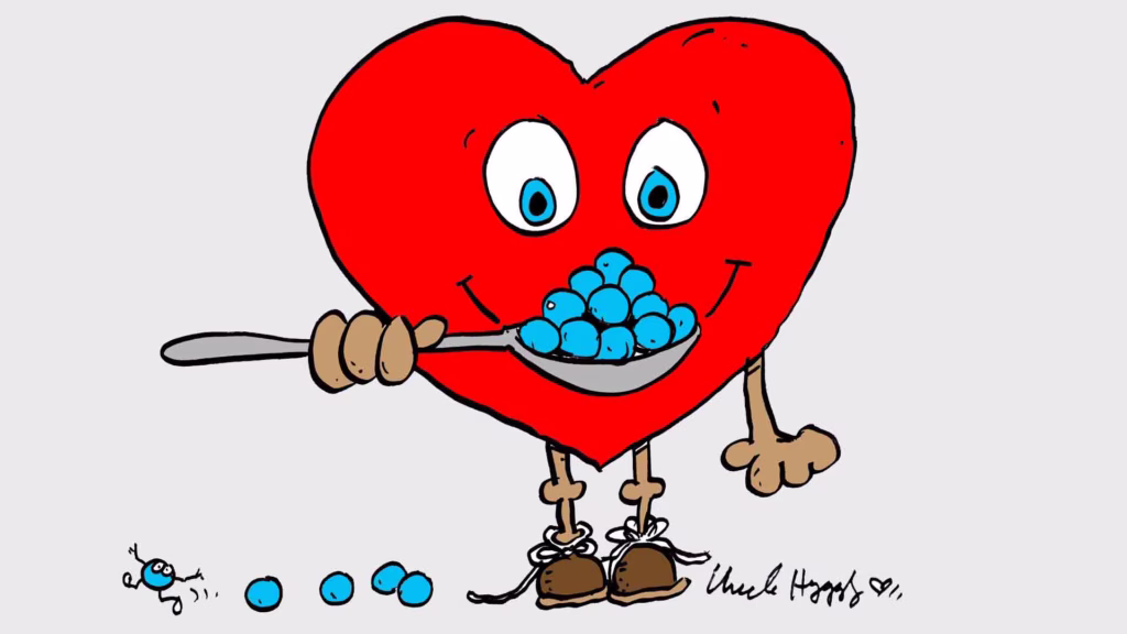 cartoon of red heart with a spoon of blue circles