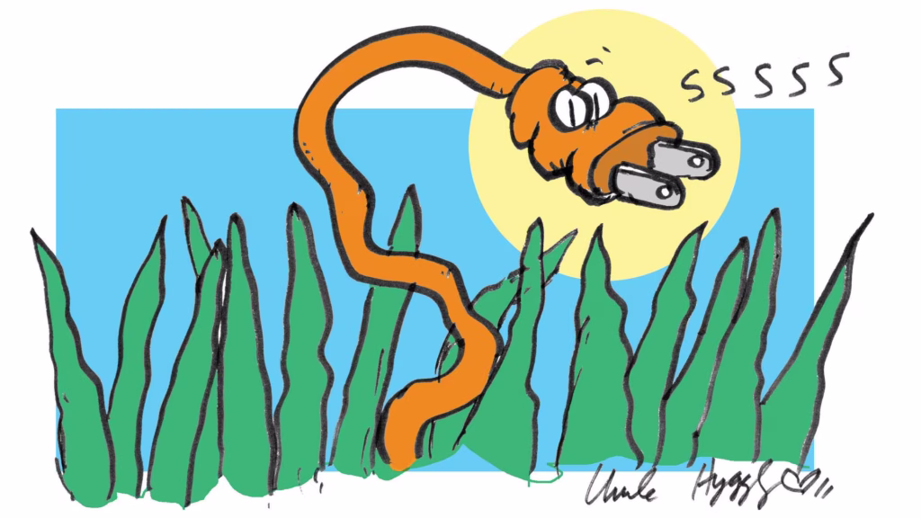 cartoon of a plug in the grass that looks like a snake