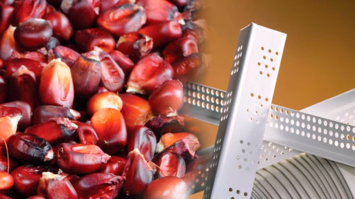 red corn on one half and white plastic strands on other