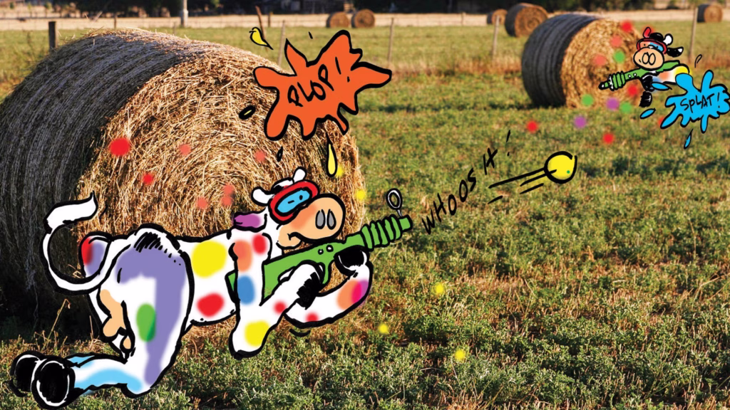 illustration cartoon of cows playing paintball