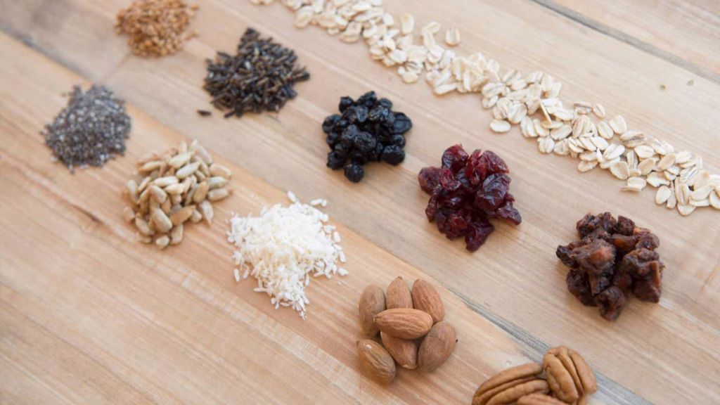 health ingredients in piles on a wood surface