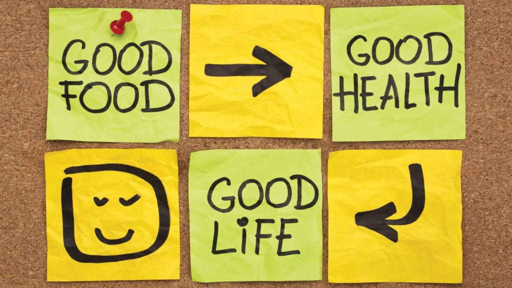 post it notes with good food and good health and good life written on them