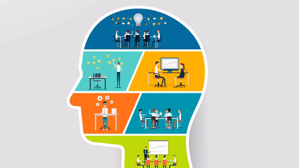 head illustration with various colored workers inside