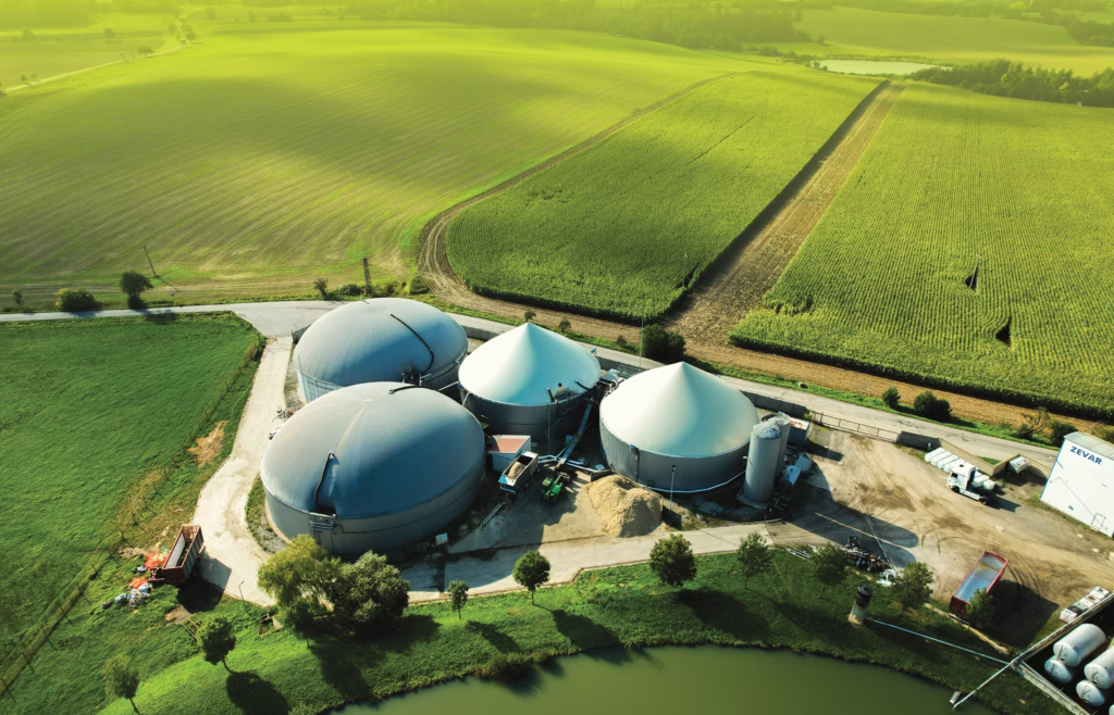 aerial shot of farm with silos
